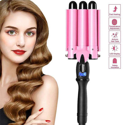 25cm Pink Three Barrel Curling Iron Wand With LCD Display